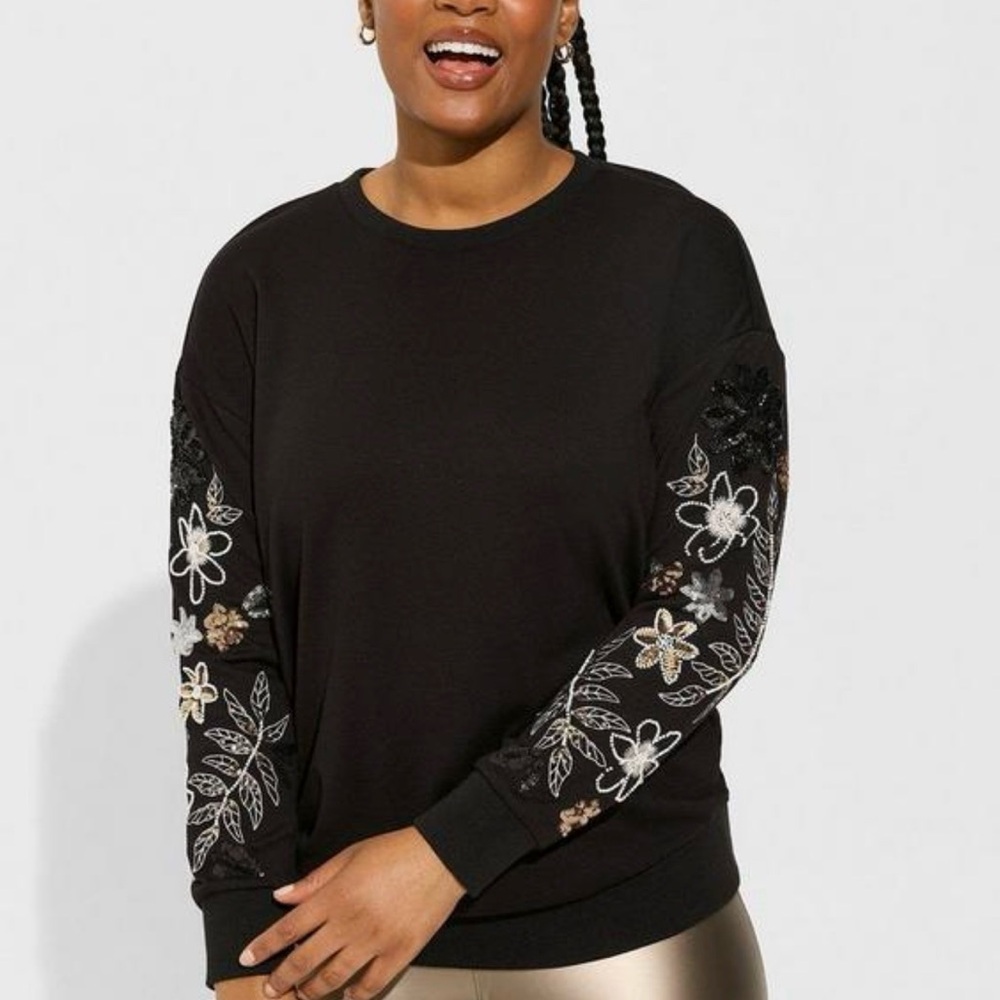Torrid Ponte Crewneck Drop Shoulder Floral Sequin Sweatshirt